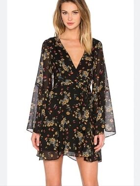 Free People Black Floral Bell Sleeve Mini Dress Size XS  Boho Dark Floral